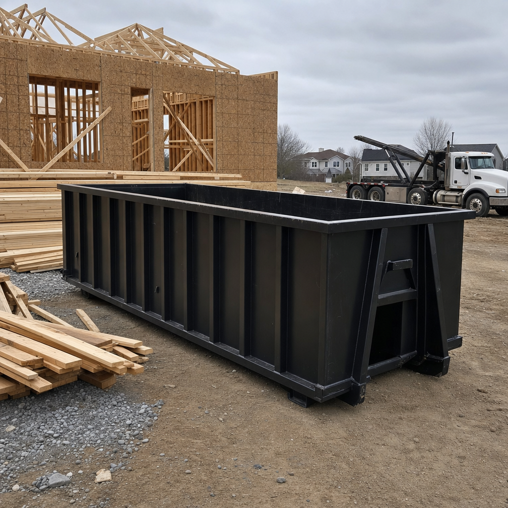 Matte-black 40-yard roll-off dumpster staged on a framed-out residential construction site in Ridgecrest, framing lumber stacked nearby, hooklift delivery truck visible in the background under bright Colorado daylight
