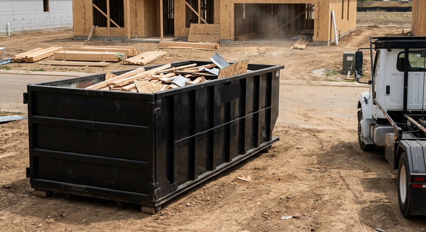 Matte-black 20-yard roll-off construction dumpster with heavy ribbed steel sidewalls and swing rear doors at a working jobsite in Ridgecrest, sitting directly on compacted dirt with an unmarked white hauler partially visible at the far edge of the frame.
