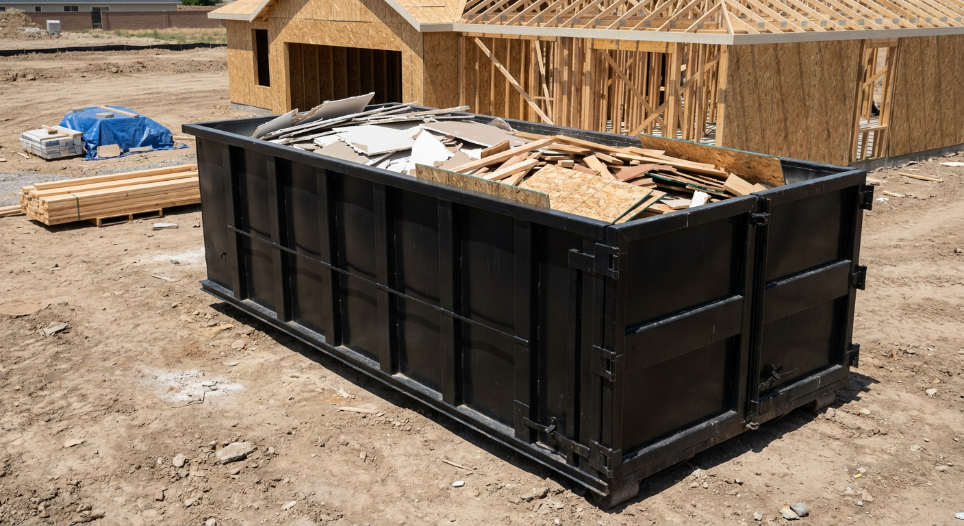 Matte-black 30-yard roll-off construction dumpster sitting directly on the compacted-dirt site of a framed single-family home build in Ridgecrest, drywall and lumber scrap loaded inside.