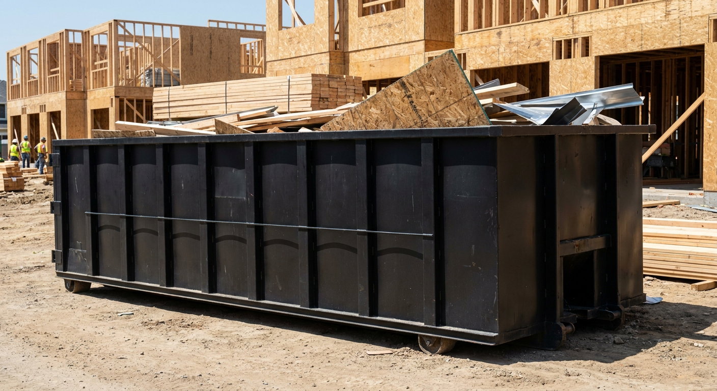 Matte-black 40-yard roll-off construction dumpster being lowered from a white-cab hooklift delivery truck onto the compacted-dirt jobsite at a commercial build site in Ridgecrest