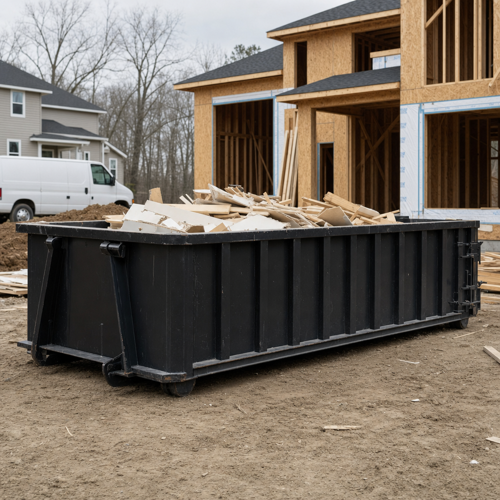 Worker in a yellow high-visibility vest tossing framing lumber and broken drywall into a matte-black 30-yard construction roll-off dumpster on an active build site in Ridgecrest, bright daylight