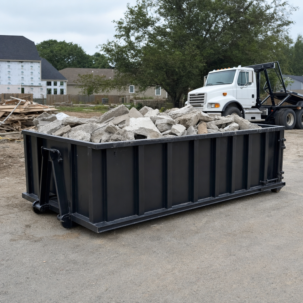 Low-profile matte-black lowboy roll-off dumpster loaded with broken concrete slab and rebar at a foundation tear-out in Ridgecrest, skid steer parked beside it, sunny Colorado morning