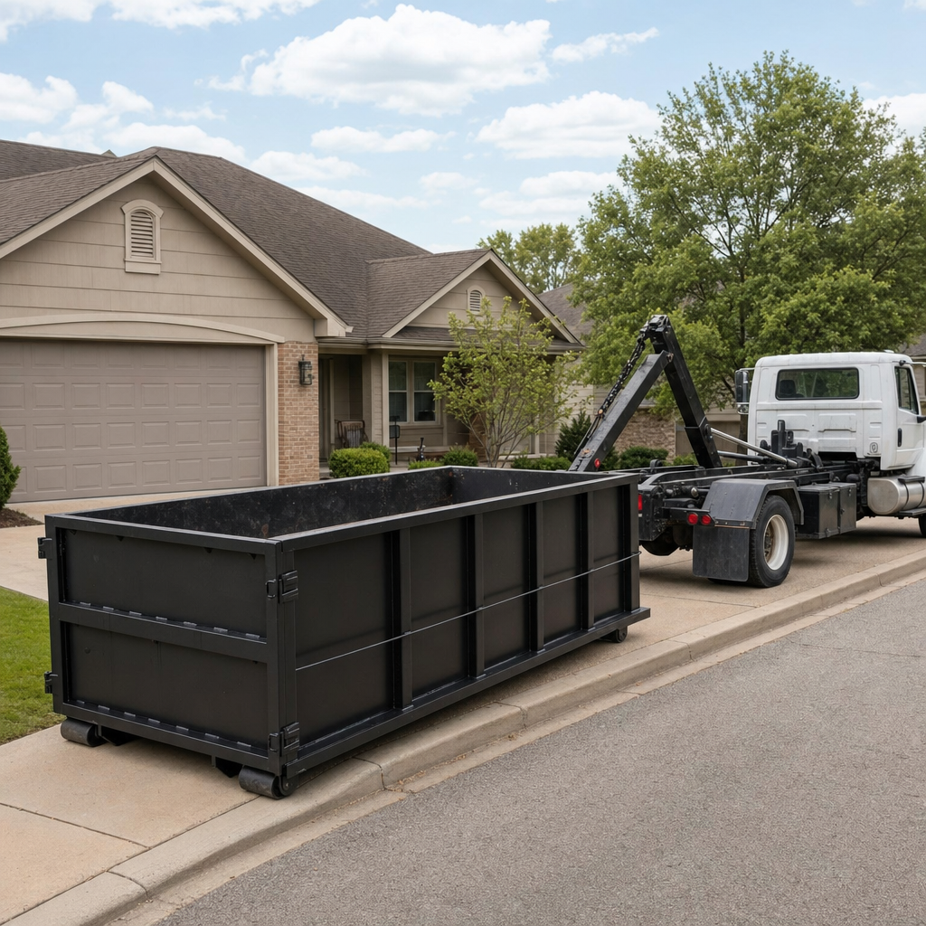 Wide documentary shot of a matte-black roll-off dumpster on a Ridgecrest residential driveway in the foreground and a contractor jobsite container in the soft-focus background, bright daylight, calm and orderly composition.