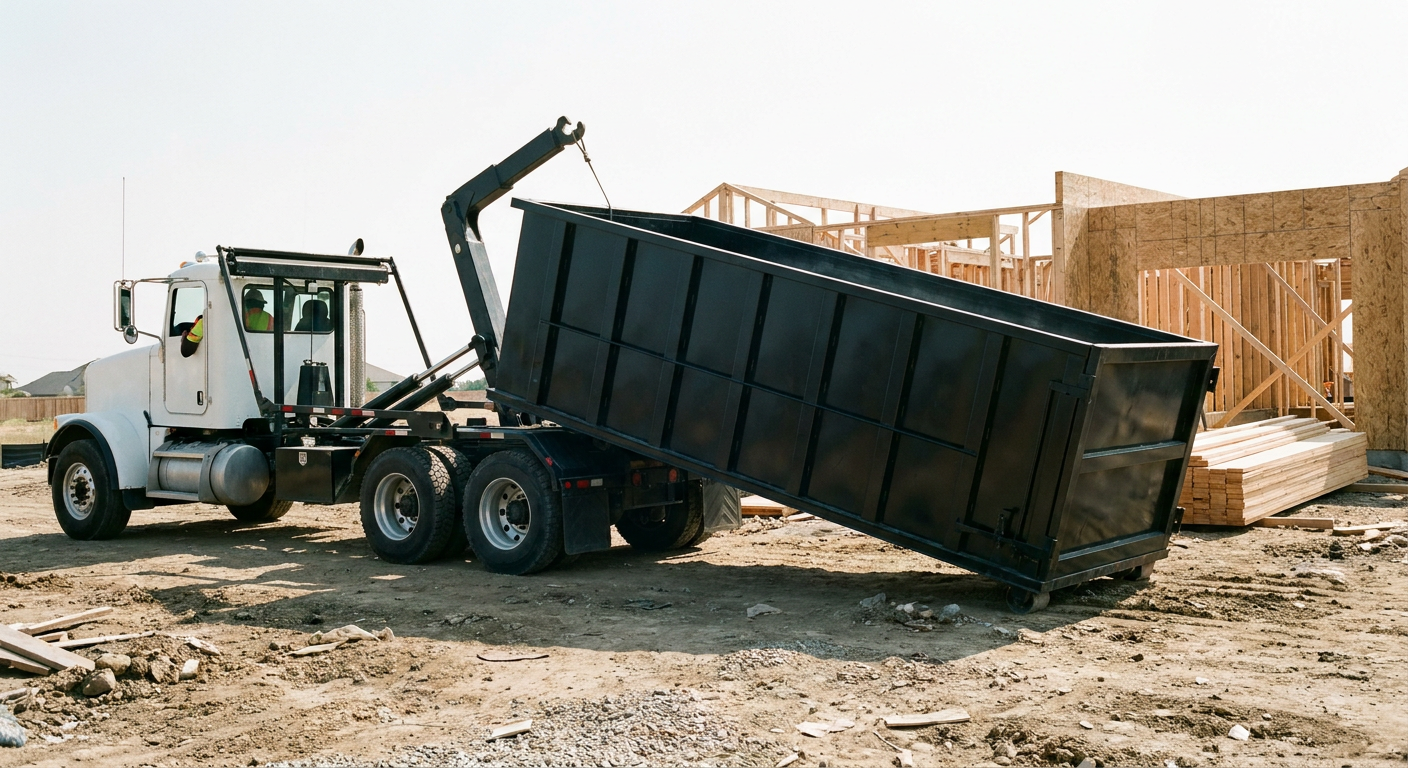 Matte-black roll-off dumpster being delivered onto a clean residential concrete driveway in Ridgecrest by an unmarked white hooklift hauler truck, bright morning daylight, documentary 35mm perspective.