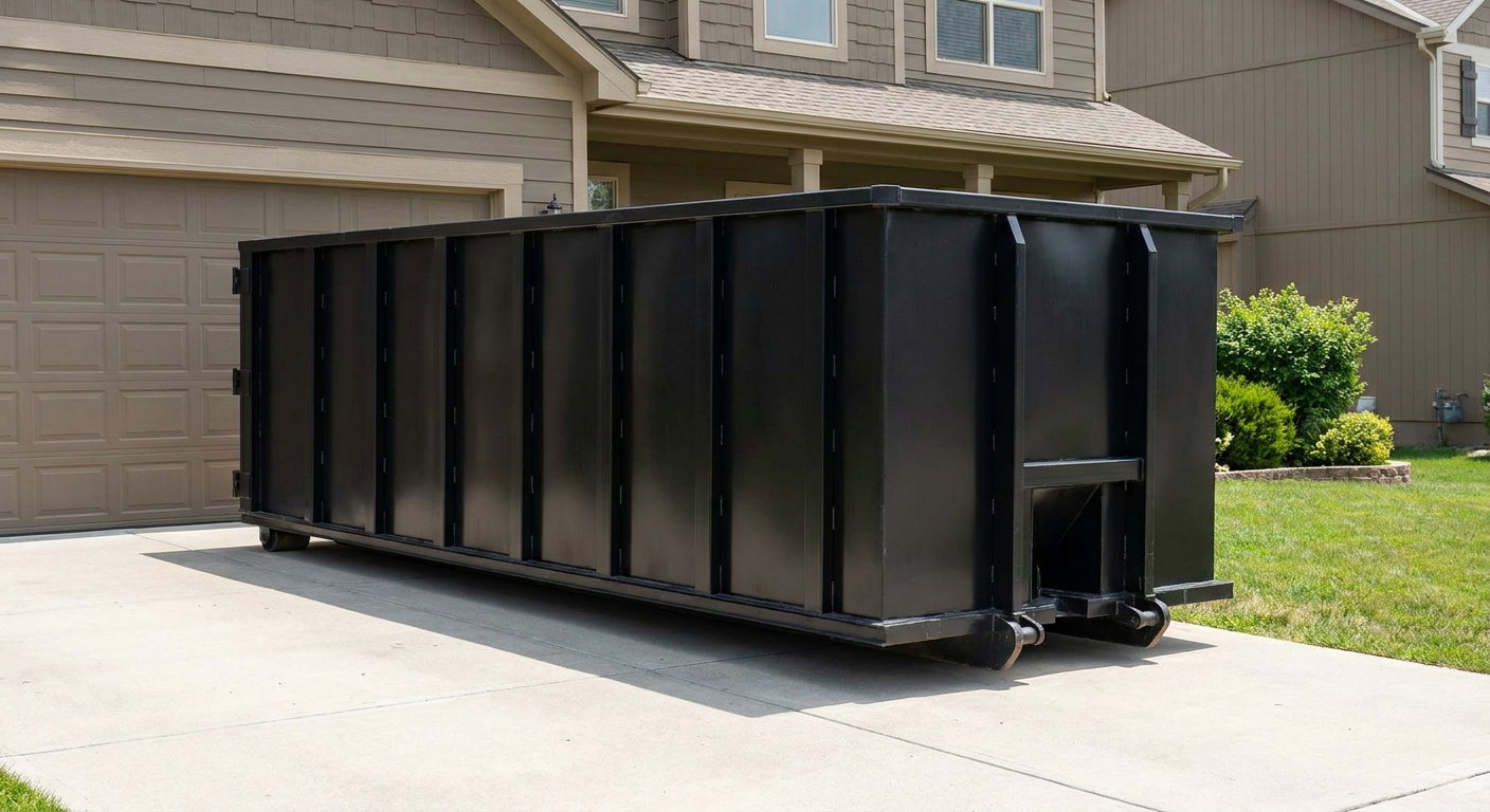 Matte-black residential roll-off dumpster sitting directly on a suburban Ridgecrest concrete driveway, garage door closed, single-family home in background, bright morning daylight.