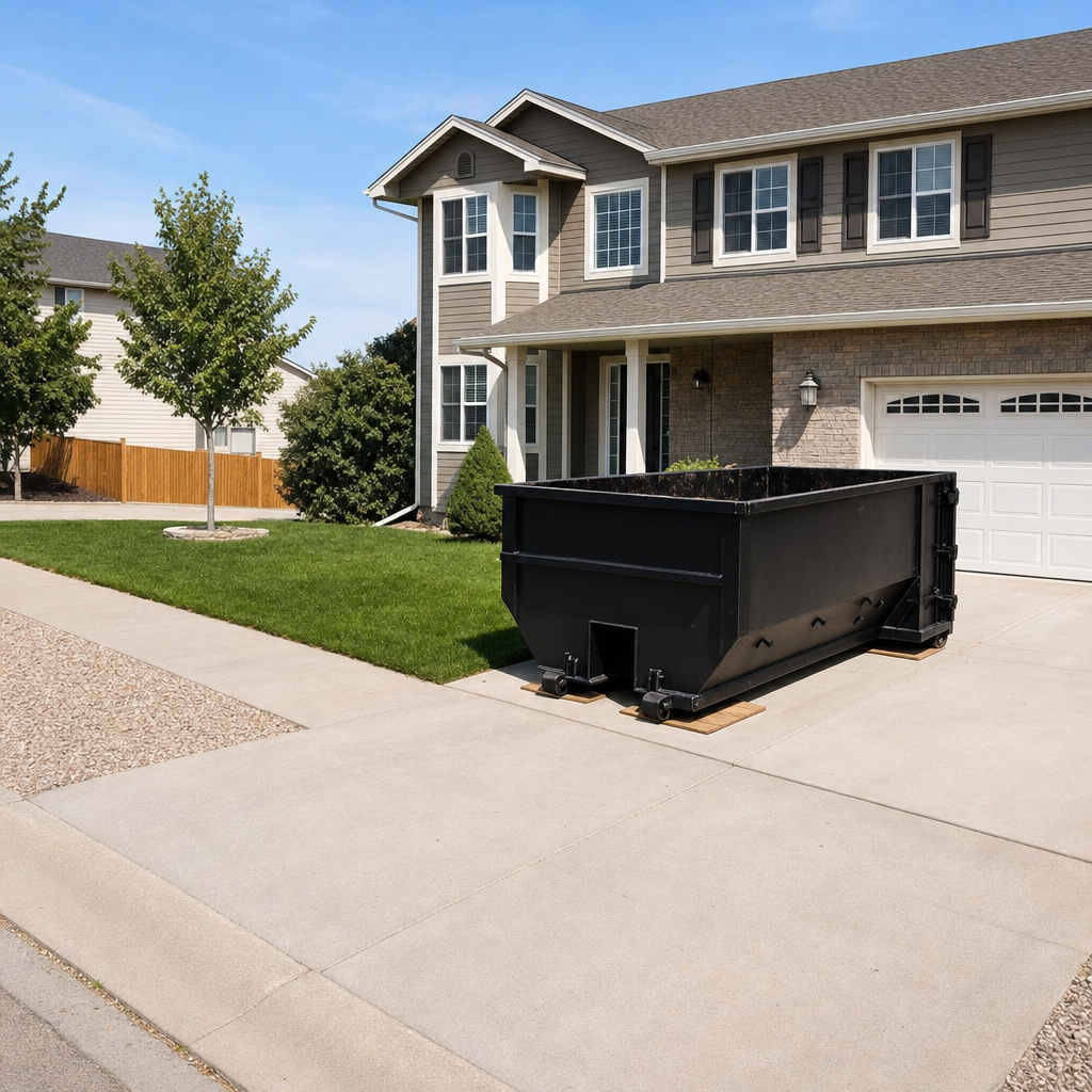 10-yard matte-black residential dumpster placed directly on a narrow Ridgecrest concrete driveway, room remains for a parked sedan beside it, mid-morning natural light