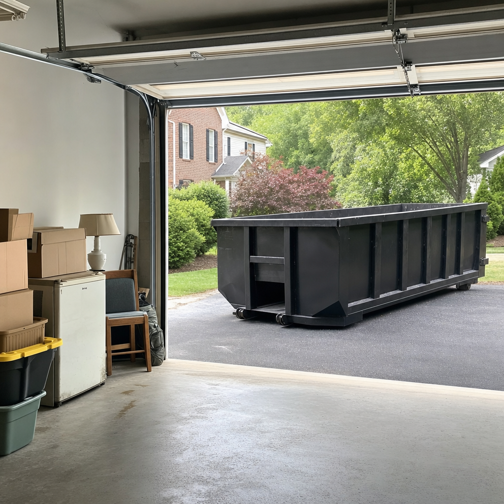 Open garage interior in a Ridgecrest home mid-cleanout — boxed items, an old appliance, and stacked yard tools queued near the driveway for a matte-black roll-off dumpster, organized and calm