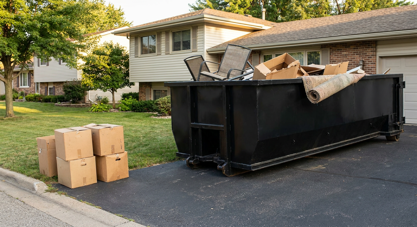 Front-yard view of a Ridgecrest split-level home with a 20-yard matte-black roll-off dumpster sitting directly on the asphalt driveway, a few clearly labeled donation boxes staged at the curb, calm sunny afternoon.