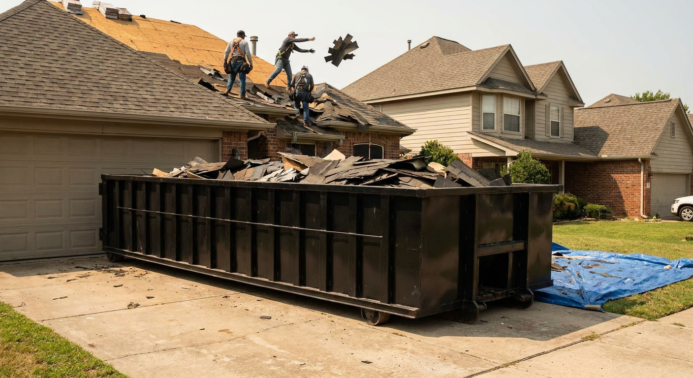 Matte-black roofing roll-off dumpster placed directly on a Ridgecrest residential concrete driveway, a tear-off crew on a two-story asphalt-shingle roof tossing shingle bundles into the low-walled container, bright daylight, documentary 35mm perspective.