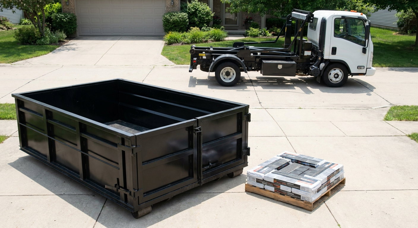 Matte-black 15-yard roofing roll-off dumpster with reinforced low side walls sitting directly on a Ridgecrest residential concrete driveway, three-tab asphalt shingle bundles stacked nearby, an unmarked white hauler truck partially visible at the edge of the frame.