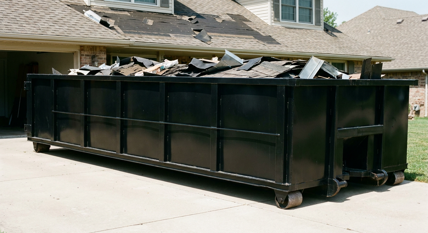 Matte-black 20-yard roofing roll-off dumpster with steel ribbed sides and swinging rear door, sitting directly on the concrete driveway of a two-story Ridgecrest home, asphalt shingle debris being loaded over the low wall, clean documentary lighting.