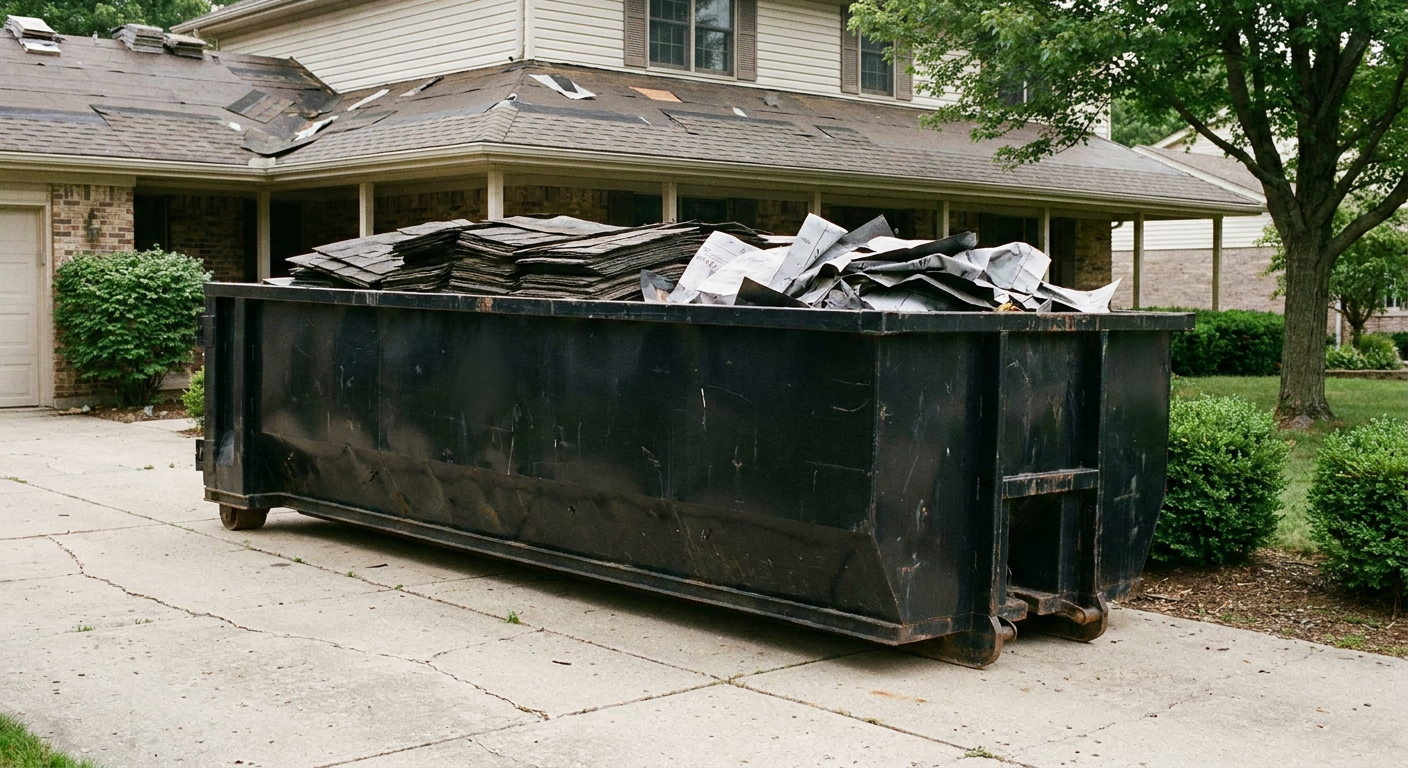 Matte-black 30-yard roofing roll-off dumpster sitting directly on a Ridgecrest concrete driveway, taller ribbed steel side panels, mixed tear-off debris of asphalt shingles and underlayment inside, professional documentary daylight.