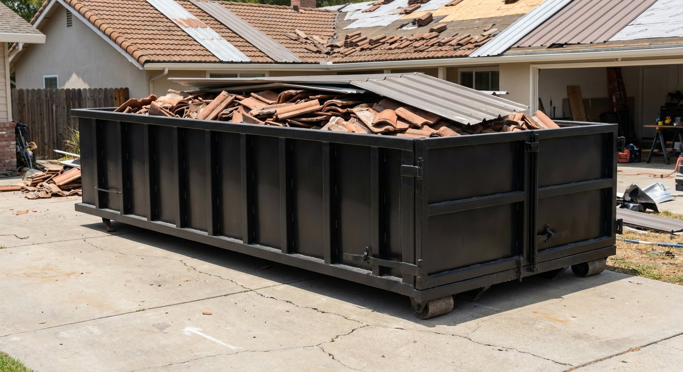 Matte-black low-wall heavy-debris roofing roll-off dumpster sitting directly on a Ridgecrest concrete driveway, broken concrete clay roof tiles and metal panel sections loaded inside, reinforced ribbed steel side walls visible, bright outdoor daylight.