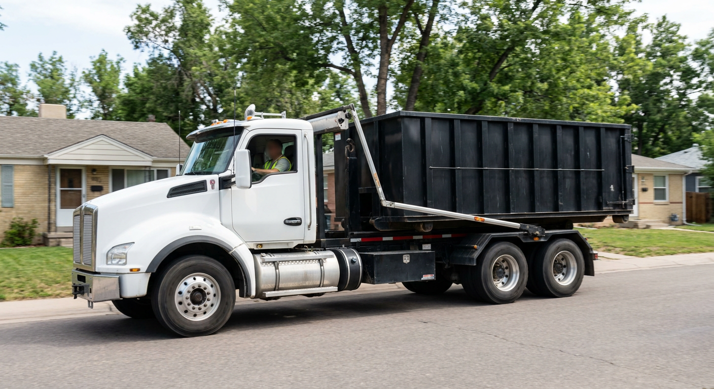 A wide documentary shot of a matte-black roll-off delivery truck pulling onto a quiet Ridgecrest residential street at mid-morning, with neighborhood rooftops and tree-lined blocks visible behind, showing the metro coverage footprint.