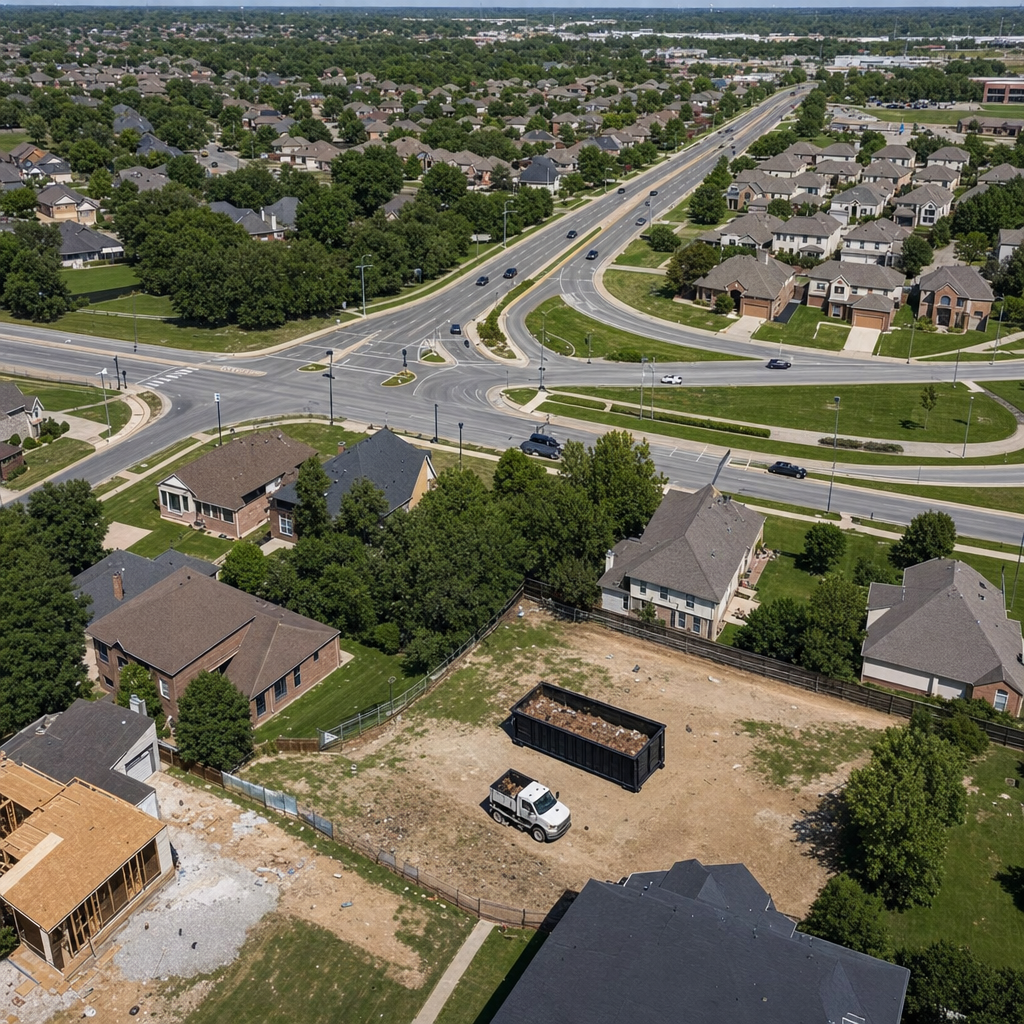 An overhead documentary view of the Ridgecrest metro area at midday, showing the spread of neighborhoods, arterial roads, and the dispatch radius from a central yard — clean daylight, organized geographic layout.