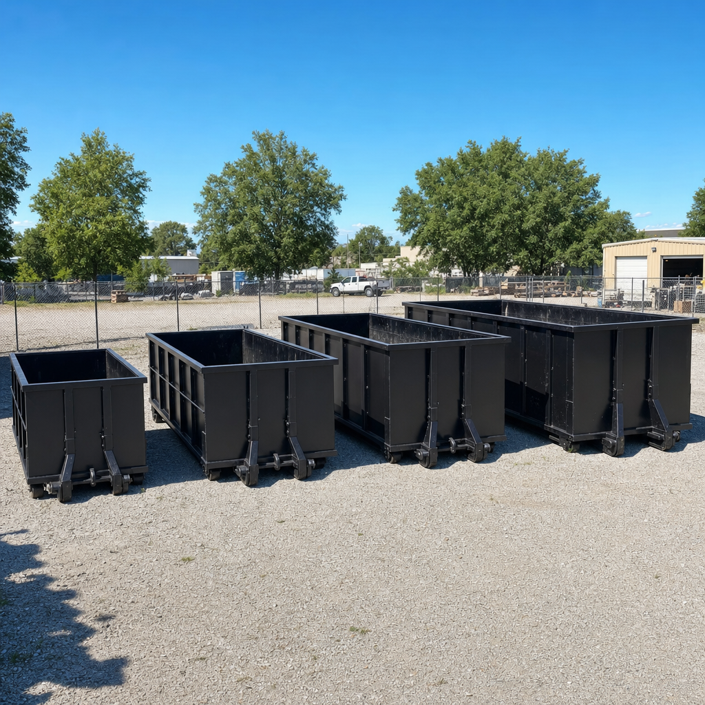 A clean lineup of matte-black roll-off dumpsters in 10, 20, 30, and 40-yard sizes staged on a sunlit gravel yard in Ridgecrest, showing the size progression from compact to commercial-scale containers.