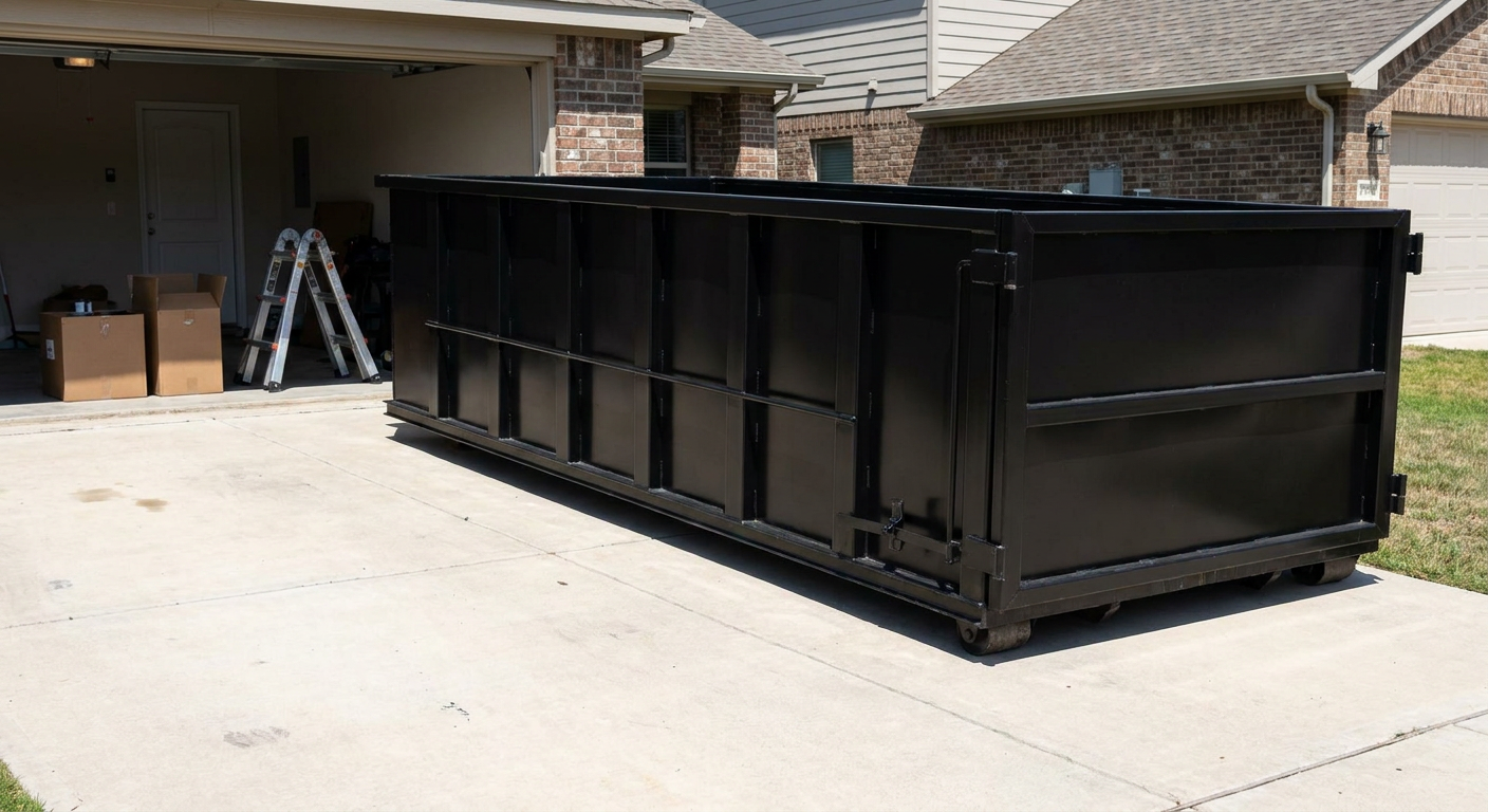 A matte-black 10-yard roll-off dumpster sitting directly on a residential Ridgecrest concrete driveway, mid-day sunlight, clean and ready for a garage cleanout.