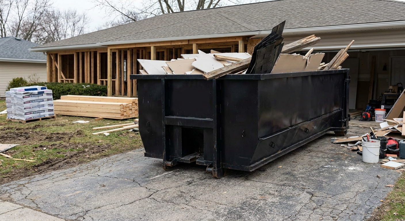 A matte-black 20-yard roll-off dumpster placed alongside a mid-renovation Ridgecrest home directly on the asphalt driveway, with framing materials and torn-off shingles staged neatly nearby.