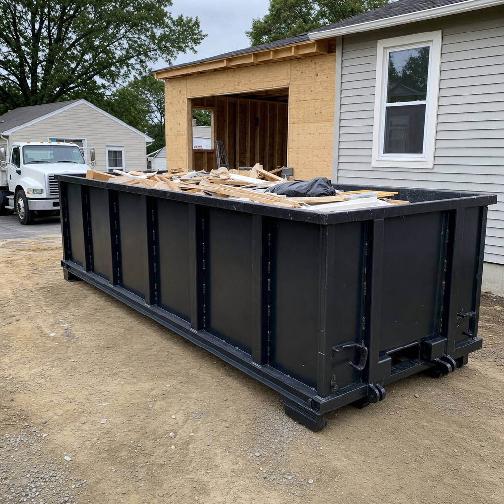 A matte-black 30-yard roll-off dumpster positioned at a Ridgecrest residential addition jobsite, with framing lumber and drywall scraps loaded through the open swinging rear doors.