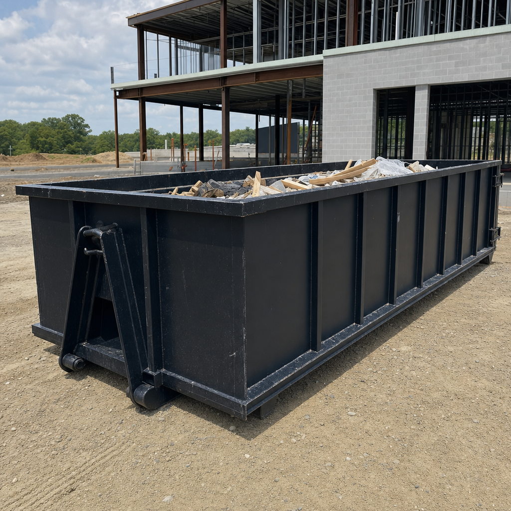 A matte-black 40-yard roll-off dumpster staged on a large Ridgecrest commercial construction lot, with a hooklift delivery truck parked alongside under bright midday sky.