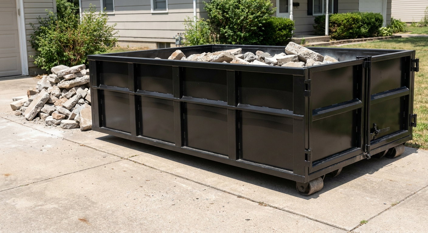 A matte-black low-side heavy-debris roll-off dumpster placed directly on a Ridgecrest concrete driveway, with broken concrete chunks neatly stacked beside it under clean daylight.